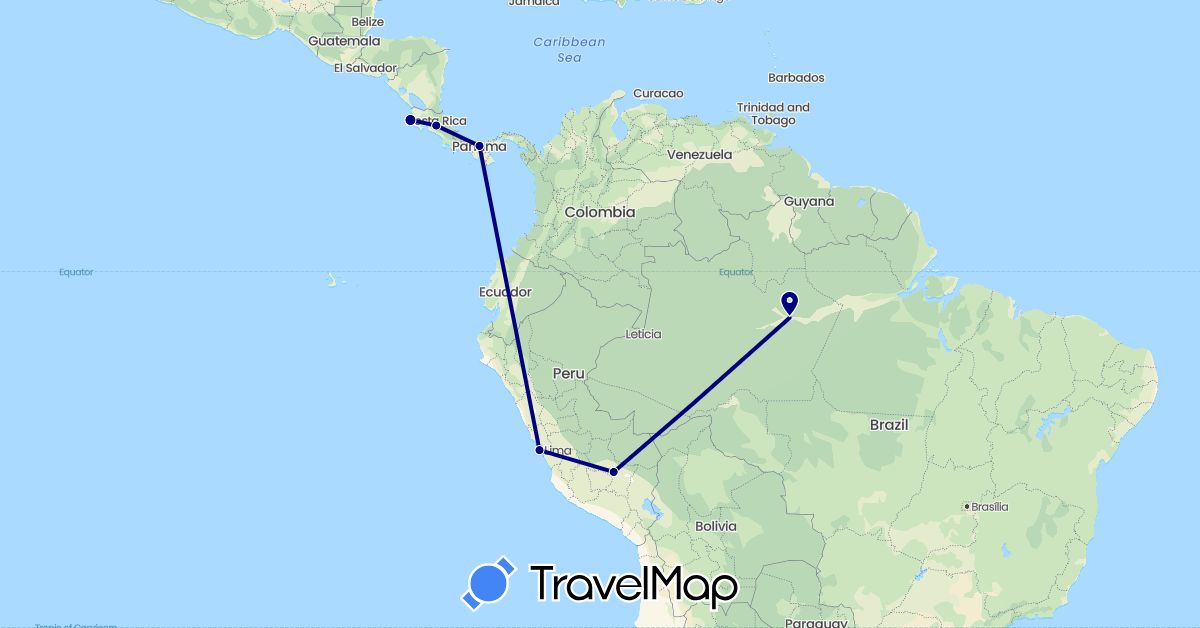 TravelMap itinerary: driving in Brazil, Costa Rica, Panama, Peru (North America, South America)